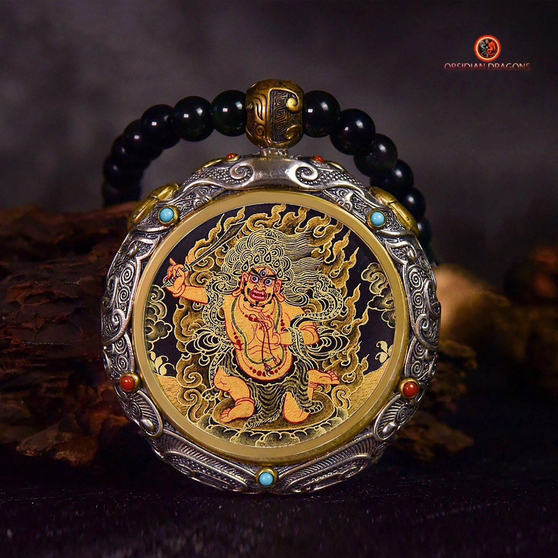 Ghau- Pendentif Tangka exceptionnel- Bouddha Acala | obsidian dragons