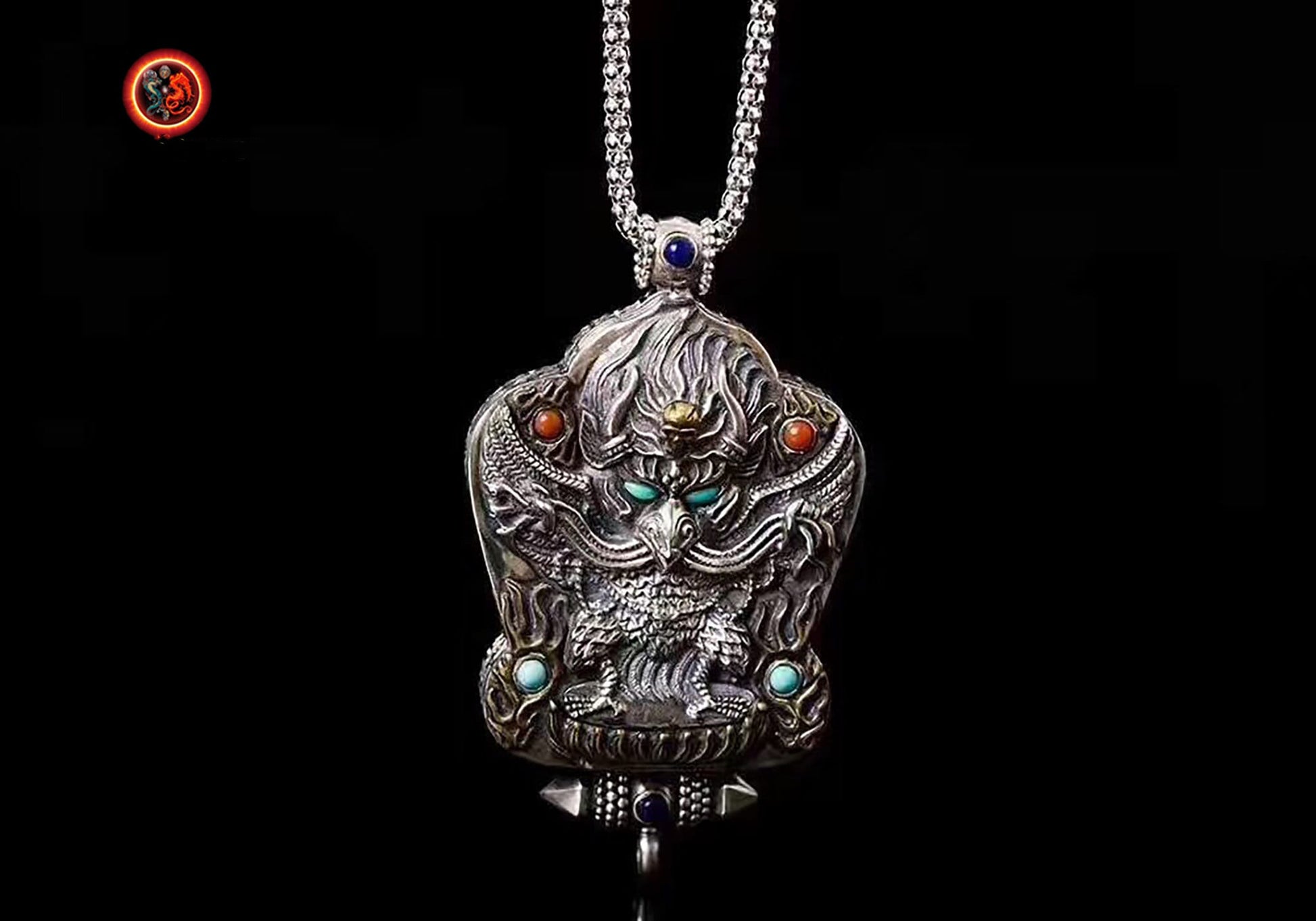 gau, reliquaire, pendentif de protection bouddhiste, Garuda, argent 925, turquoise, agate nan hong. - obsidian dragon