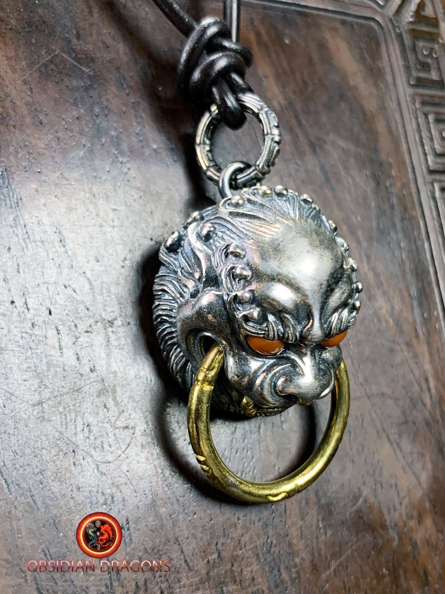 Pendentif Lion Chinois en Argent et agates | obsidian dragons