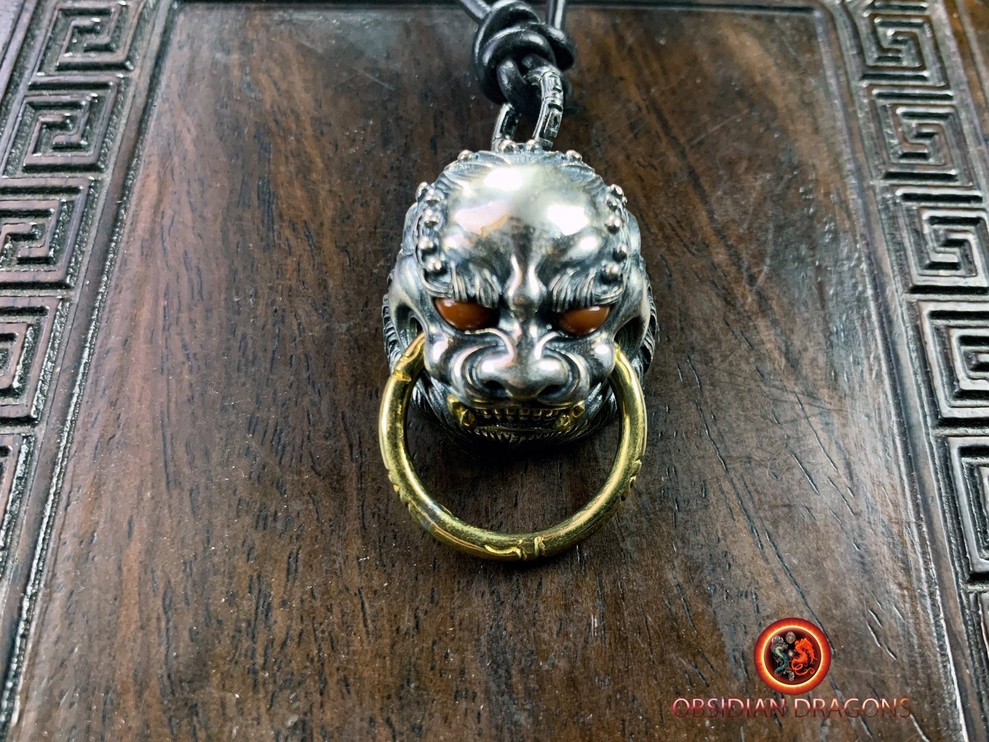 Pendentif Lion Chinois en Argent et agates | obsidian dragons