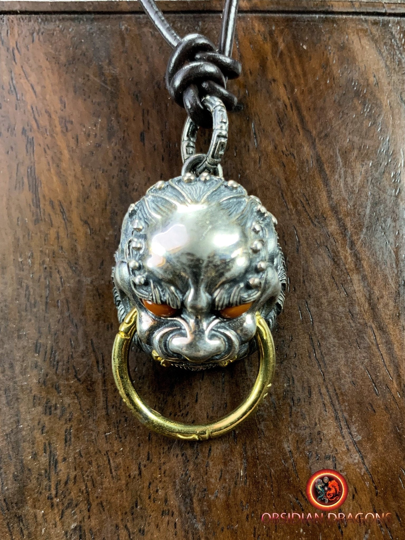 Pendentif Lion Chinois en Argent et agates | obsidian dragons