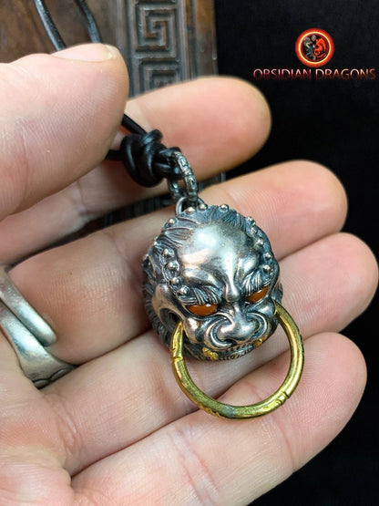 Pendentif Lion Chinois en Argent et agates | obsidian dragons