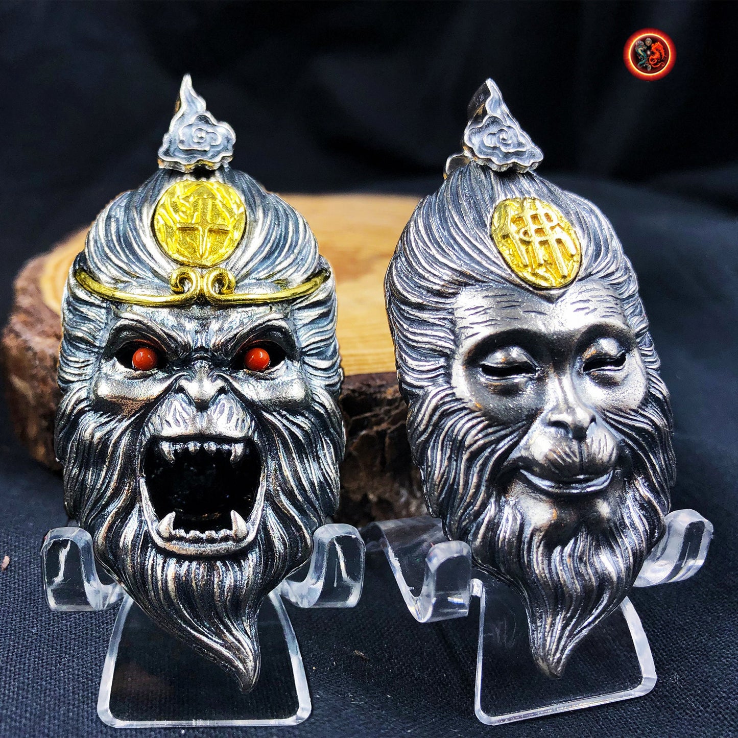 pendentif roi singe "Sun Wu Kong" double face argent 925, bronze, agate du Yunnan dite nan hong (rouge du sud) - obsidian dragon