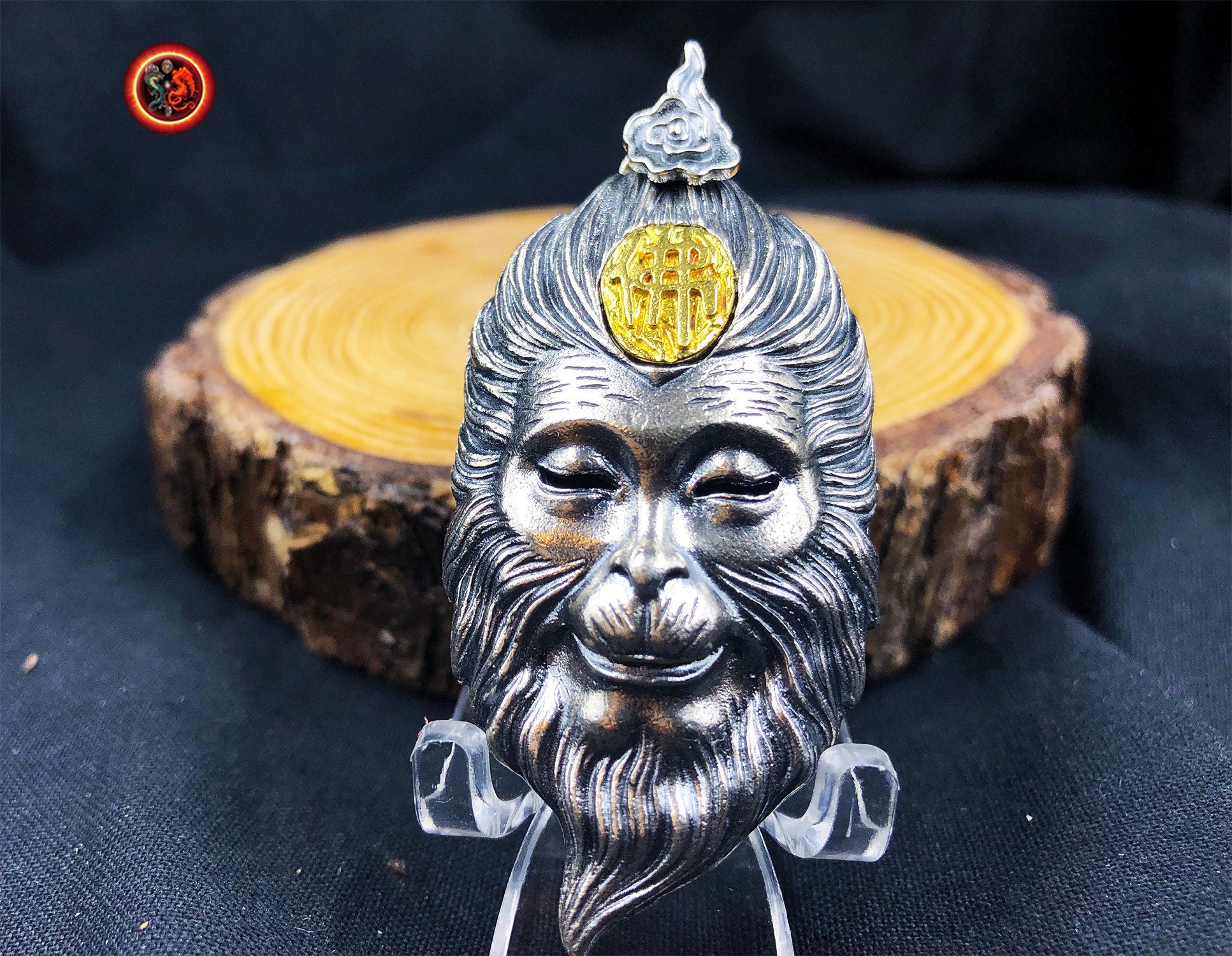 pendentif roi singe "Sun Wu Kong" double face argent 925, bronze, agate du Yunnan dite nan hong (rouge du sud) - obsidian dragon