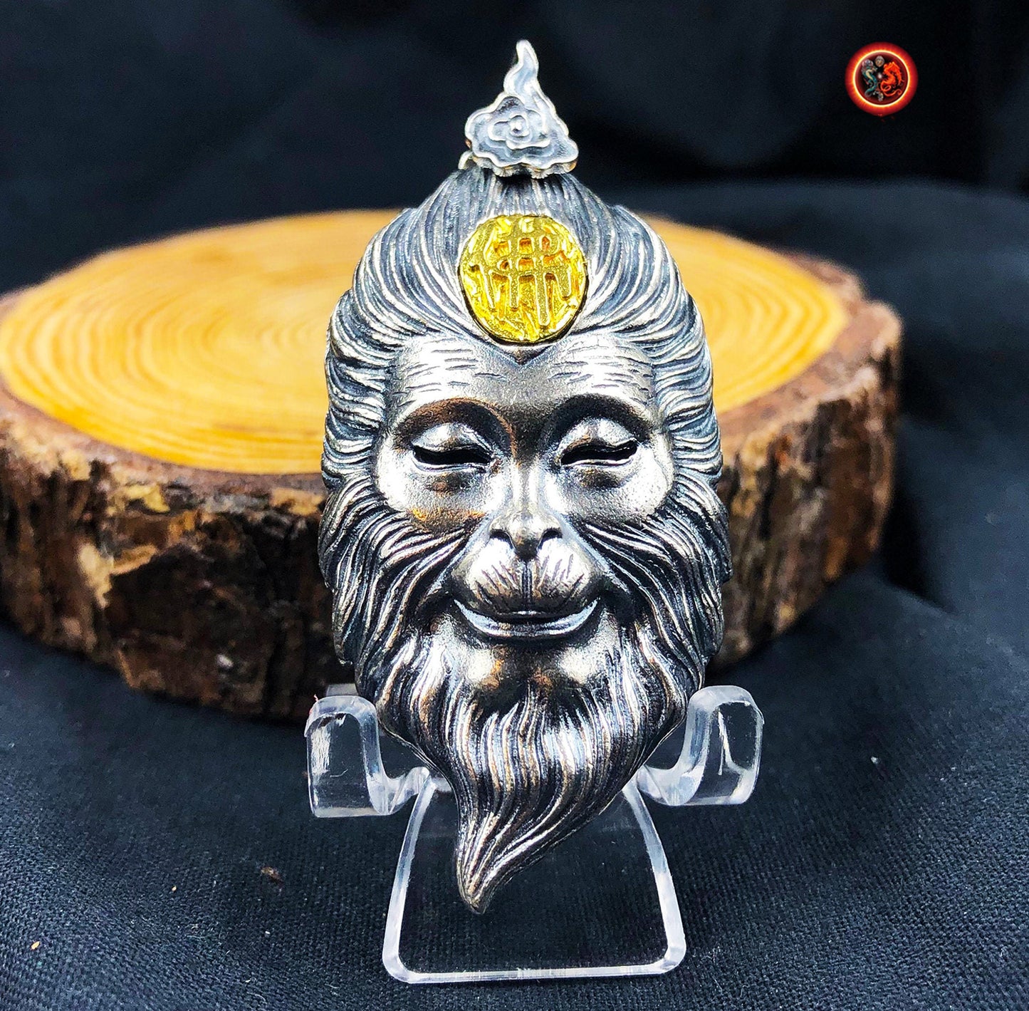 pendentif roi singe "Sun Wu Kong" double face argent 925, bronze, agate du Yunnan dite nan hong (rouge du sud) - obsidian dragon