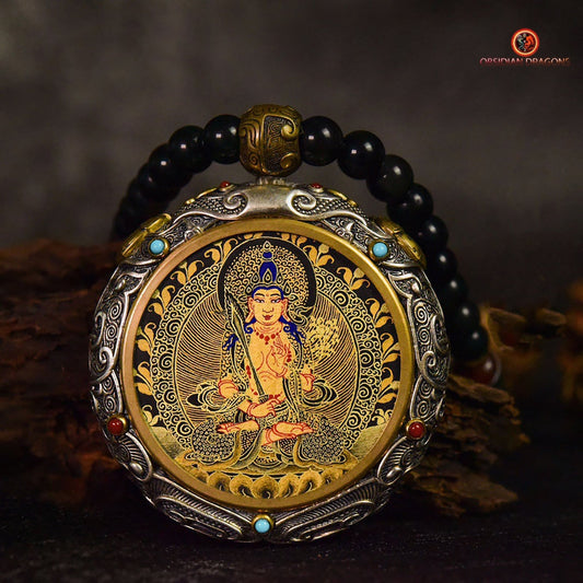 Ghau- Pendentif Tangka exceptionnel- bouddha Akashagarbha | obsidian dragons