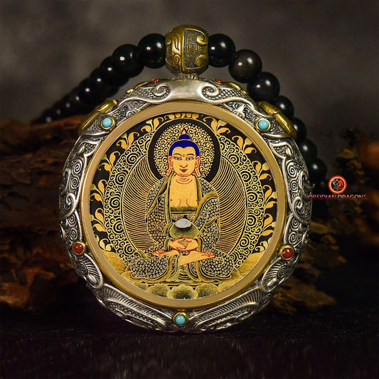 Ghau- Pendentif Tangka exceptionnel- Bouddha Amitabha | obsidian dragons