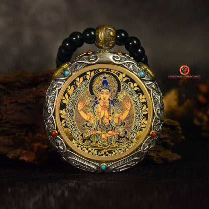 Ghau- Pendentif Tangka exceptionnel- Bouddha Chenrezi | obsidian dragons