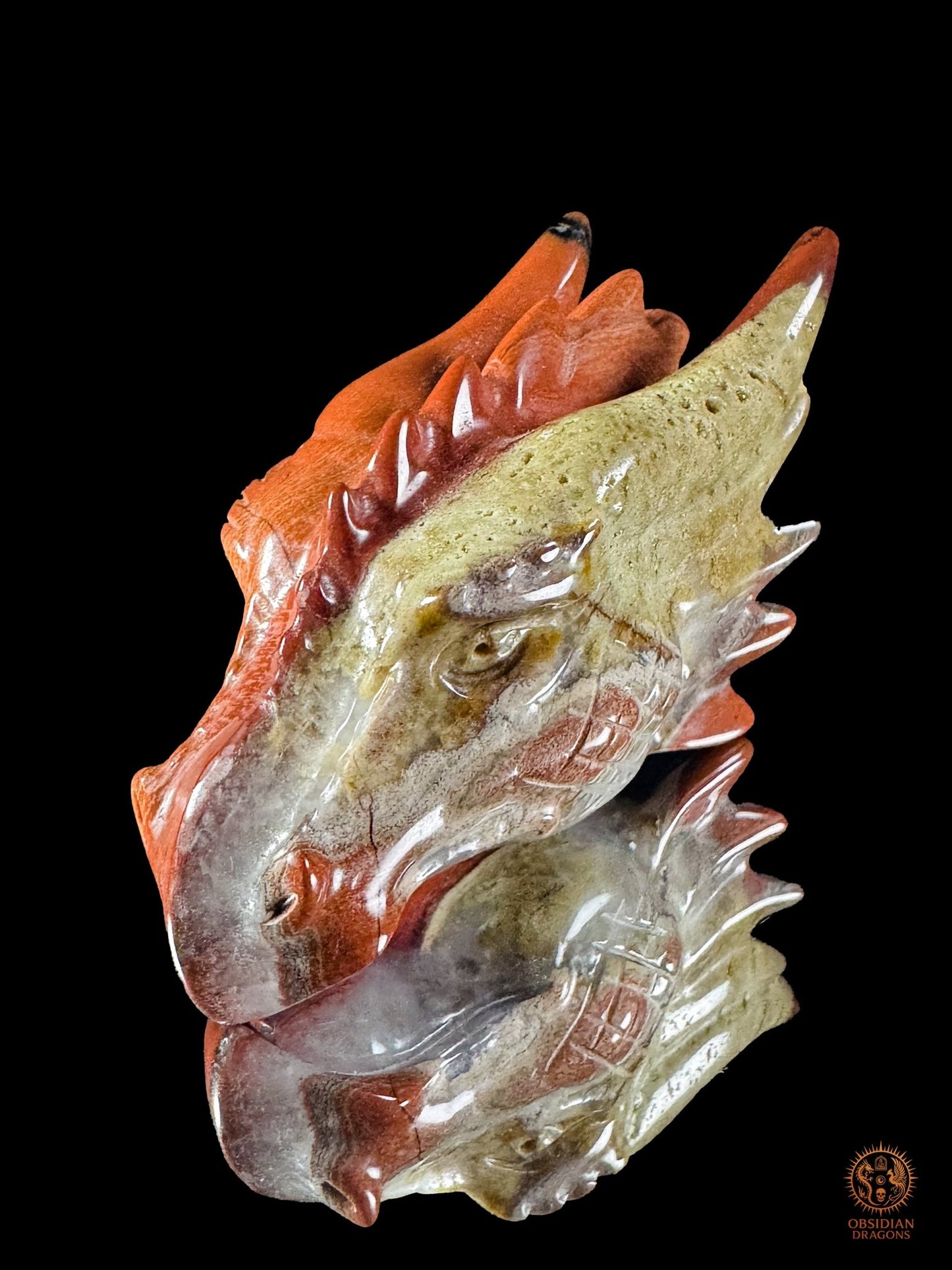 Petite tête de dragon en jaspe rouge et agate - Gardien racine - obsidian dragons