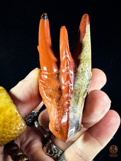 Petite tête de dragon en jaspe rouge et agate - Gardien racine - obsidian dragons