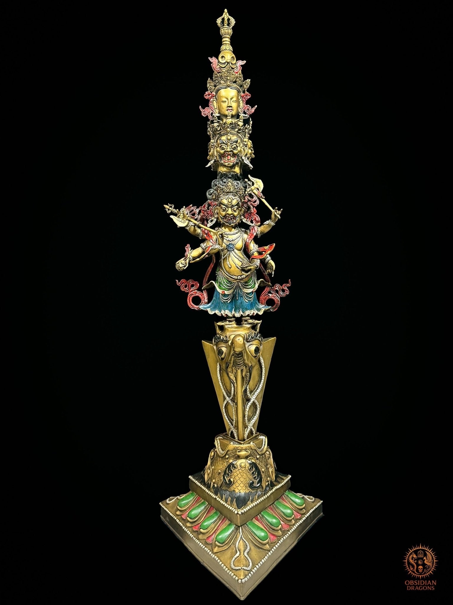 Phurba tibétain monumental en bronze polychrome de 102 cm, dague rituelle vajrayana avec Vajrakilaya, Mahakala et Vajrasattva - Obsidian Dragons