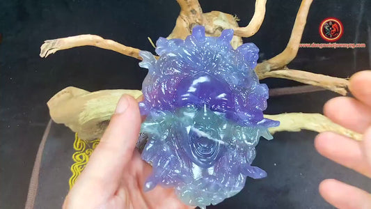 Medusa, Gorgon, Greek Mythology. Hand carved in fluorite. Unique piece. natural stone, appraised. Dimensions: 12cm 9cm.