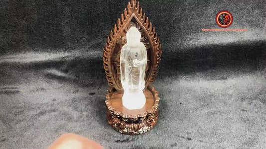 Statuette Bouddha Amitabha, Amida, Amitofo des terres pures de l'ouest. Cristal de roche de grande qualité, certifié. Support en palissandre