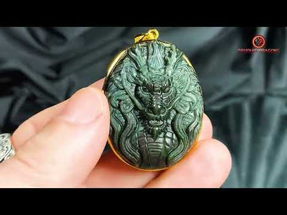 Talisman Dragon en Obsidienne - Argent Plaqué Or 24K