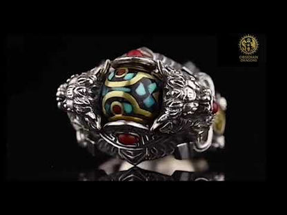 Bague Tibétaine en Argent 925 – Lions Protecteurs & Dzi