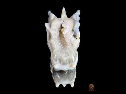 Crâne de dragon en géode de quartz, agate - Axe cristallin