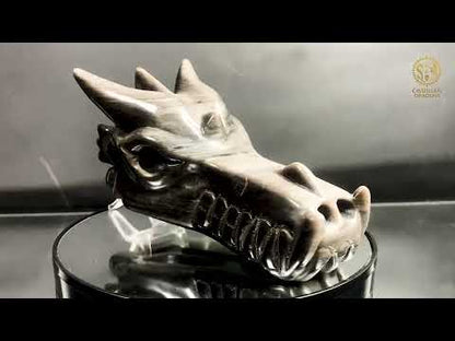 Crâne de Dragon en Obsidienne Argentée – Gardien d’Éclipse