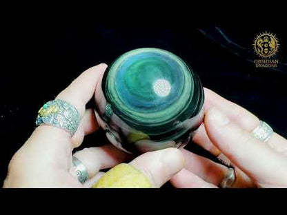 Lien Youtube vers la video de la Sphère en obsidienne Manta Huichol rare bleu-vert – 8.12 cm - Obsidian Dragons