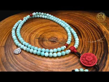 Mala bouddhiste 108 perles – Amazonite, nan Hong et cinabre