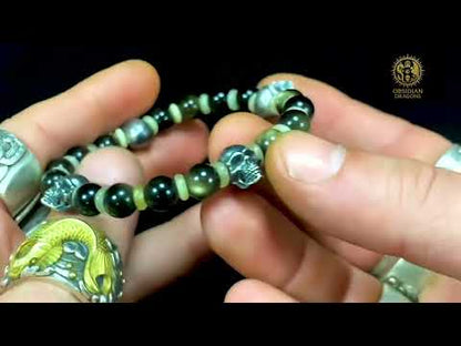 Bracelet crânes en argent – Perles d’obsidienne dorée