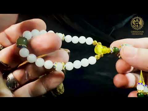 Video du Bracelet mala en jade blanc 18 perles - Shibazi néphrite et ambre - Obsidian Dragons