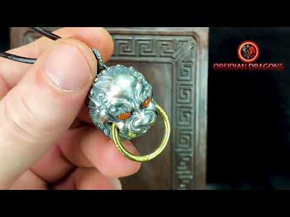 Pendentif Lion Chinois en Argent et agates