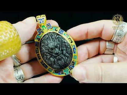 Pendentif Dragon du Tonnerre – Obsidienne, vermeil cloisonné