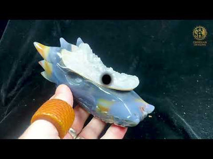 Crâne de Dragon en Agate – Géode de Quartz – L’Appel des Brumes