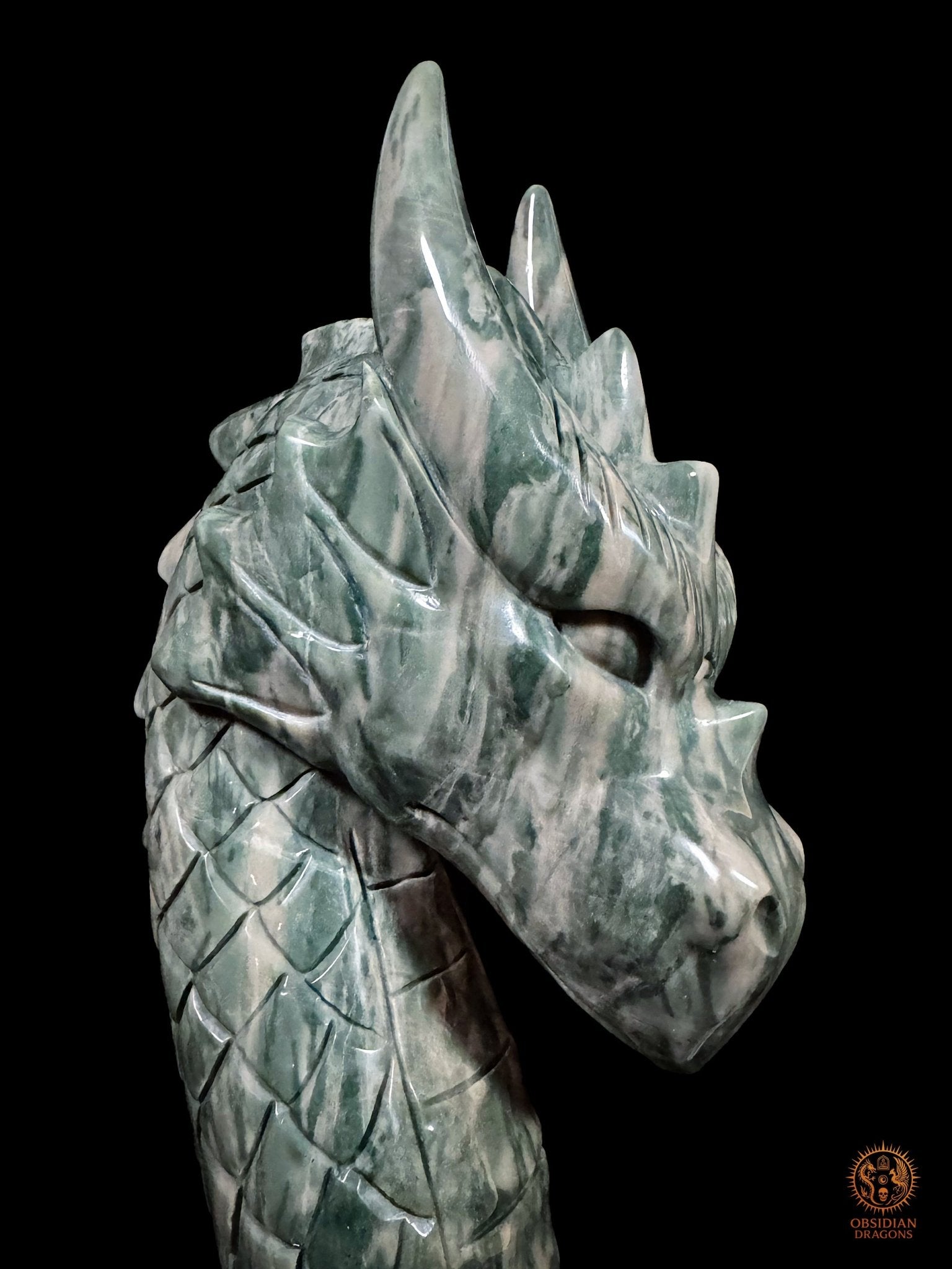 Gros plan sur la tête du dragon en Hua’an Yu, pierre-paysage du Fujian aux veinures vertes, blanches et grisées