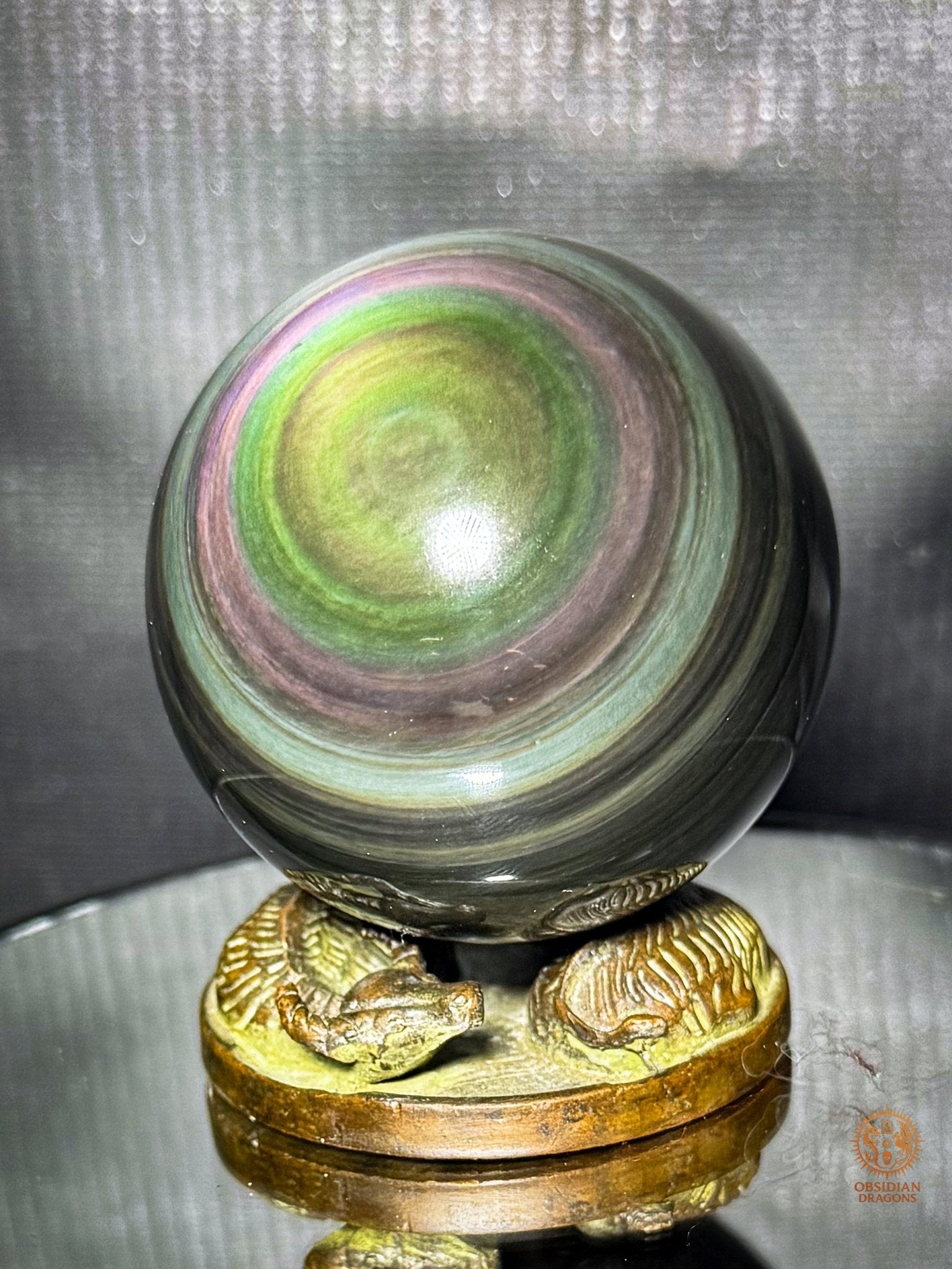 Sphère en obsidienne œil céleste rare vert violet de 6,1 cm | obsidian dragons