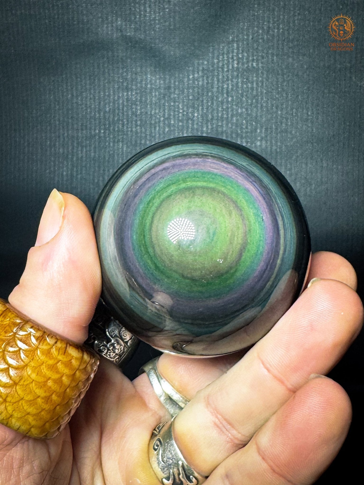 Sphère en obsidienne œil céleste rare vert violet de 6,1 cm | obsidian dragons