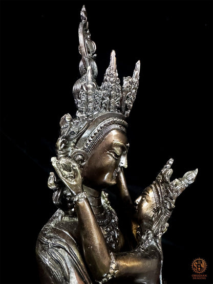 Gros plan de profil sur les visages rapprochés de Vajrasattva et de sa parèdre en bronze, leurs couronnes et leurs parures.