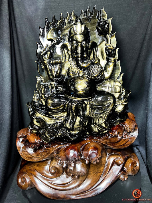 Statuette Ganesh en obsidienne dorée - unique et exceptionnelle | obsidian dragons