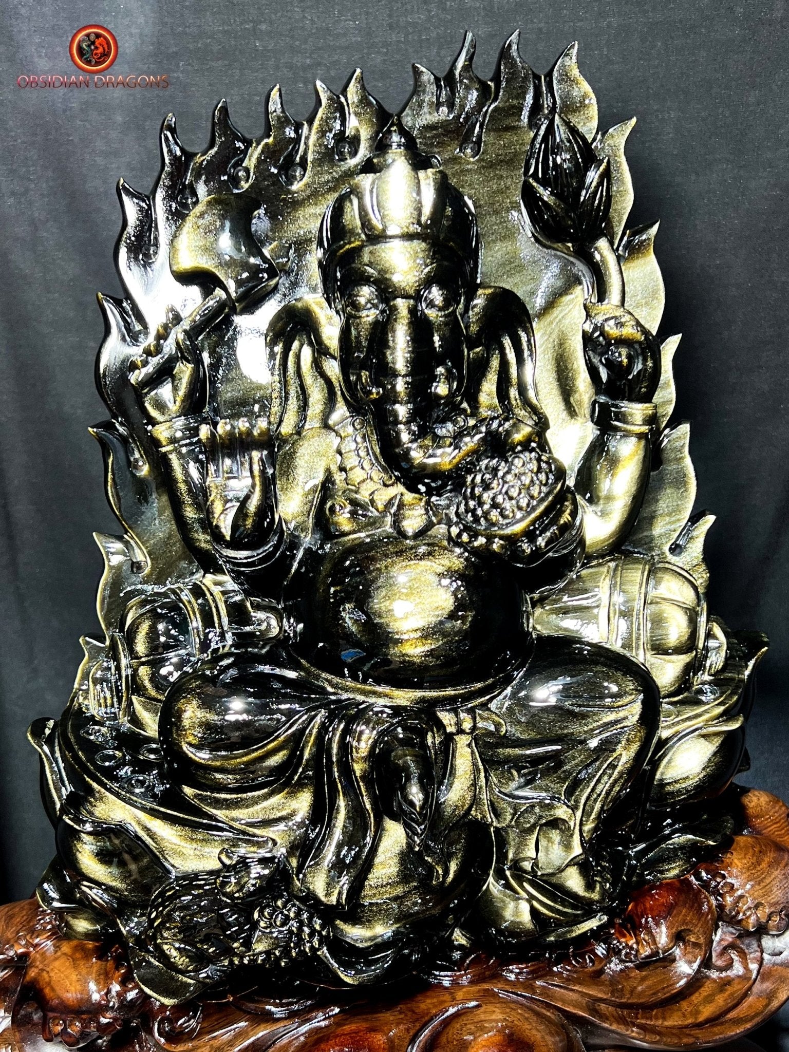 Statuette Ganesh en obsidienne dorée - unique et exceptionnelle | obsidian dragons