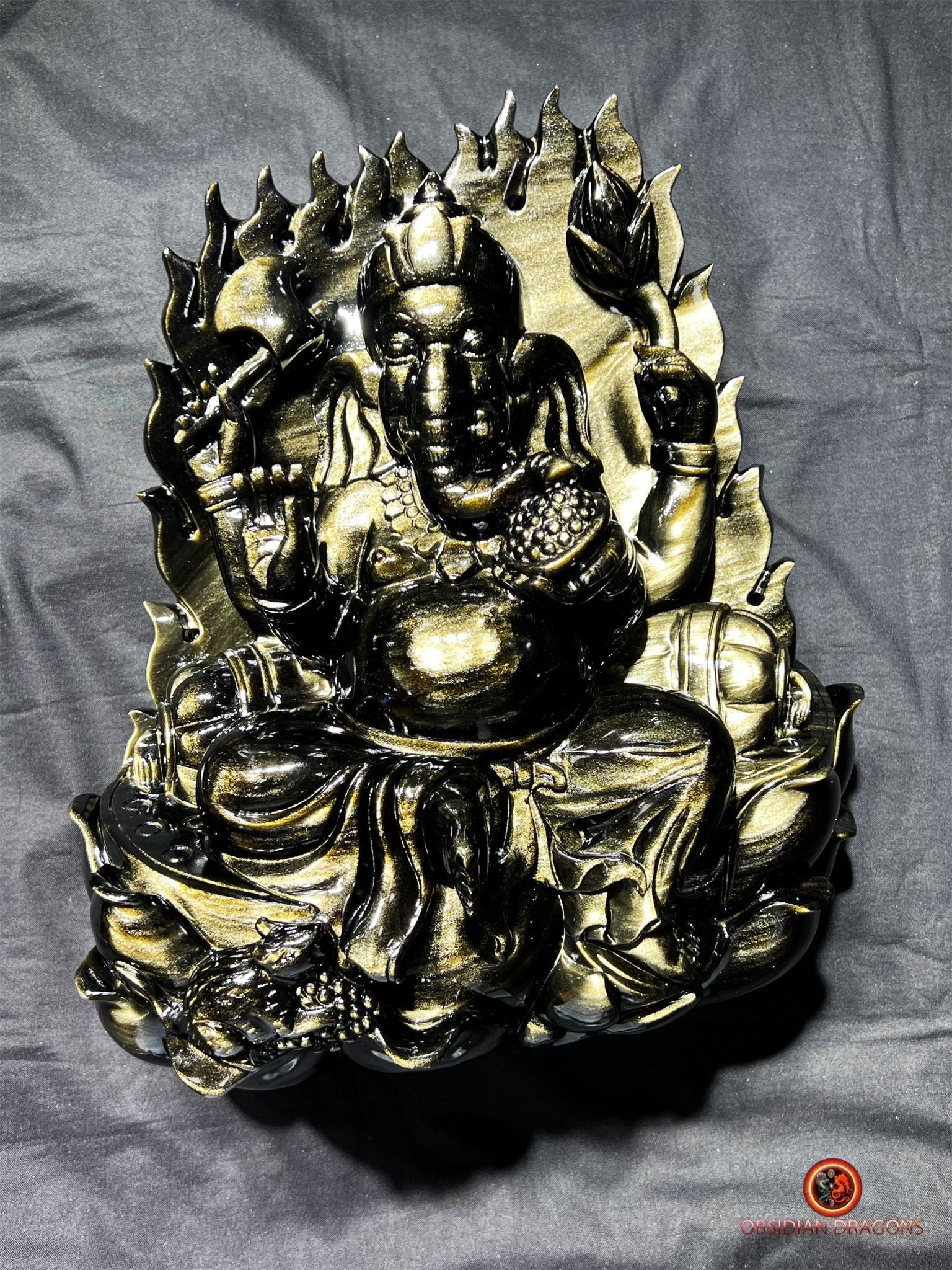 Statuette Ganesh en obsidienne dorée - unique et exceptionnelle | obsidian dragons