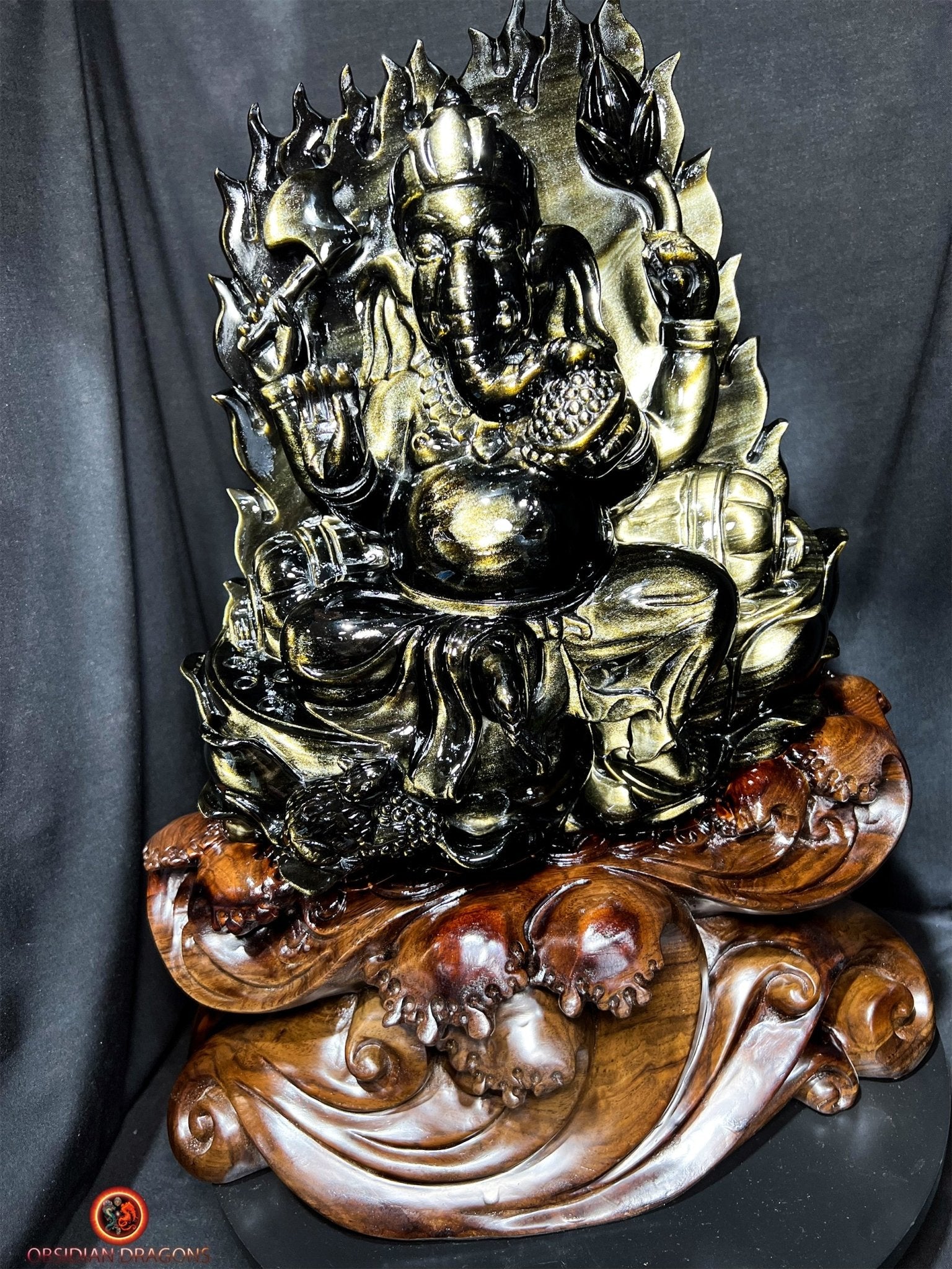 Statuette Ganesh en obsidienne dorée - unique et exceptionnelle | obsidian dragons