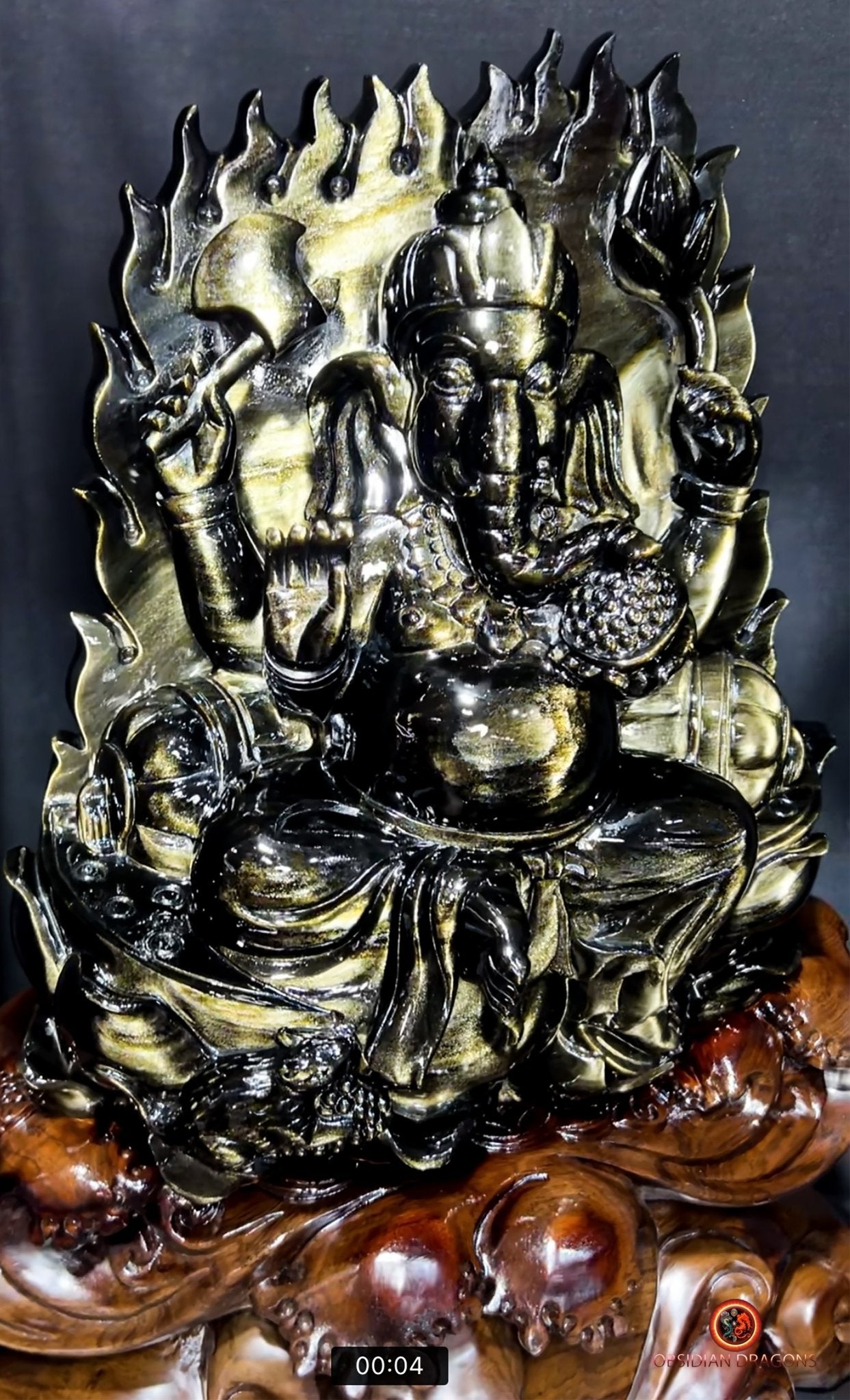 Statuette Ganesh en obsidienne dorée - unique et exceptionnelle | obsidian dragons