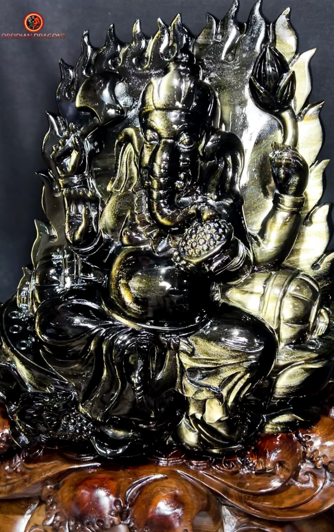Statuette Ganesh en obsidienne dorée - unique et exceptionnelle | obsidian dragons