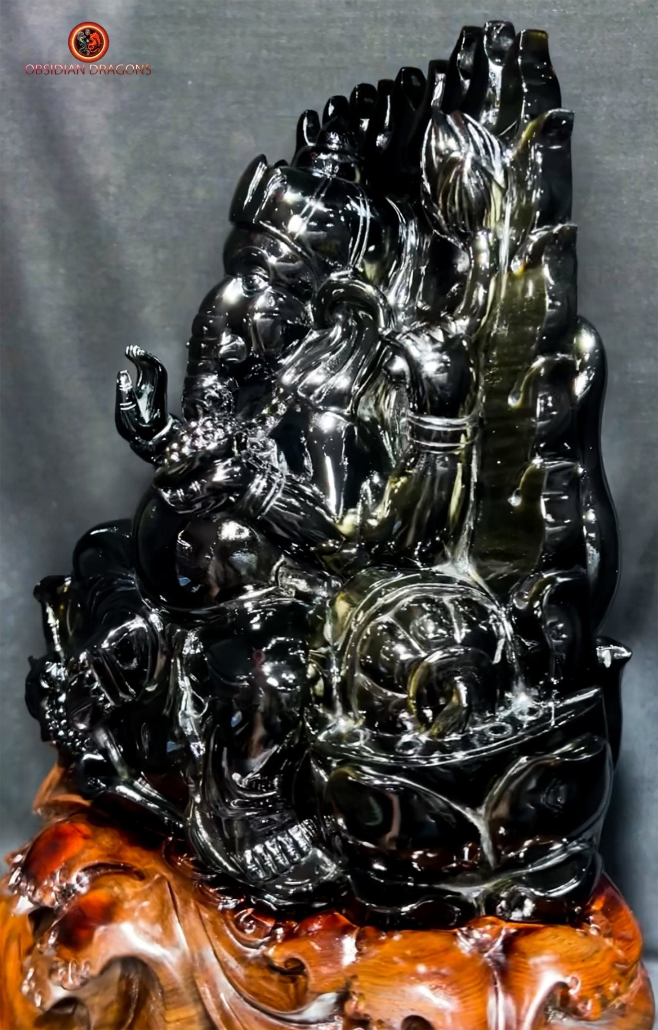 Statuette Ganesh en obsidienne dorée - unique et exceptionnelle | obsidian dragons