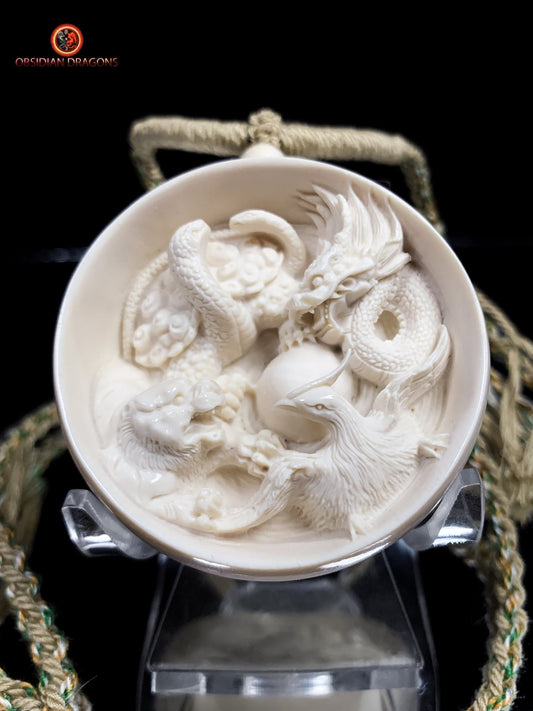 Talisman Feng Shui 4 animaux célestes - Ivoire de mammouth | obsidian dragons