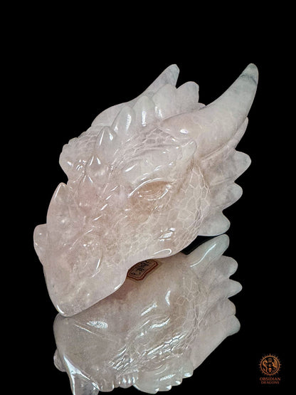 Gros plan de la tête de dragon en quartz rose naturel, montrant le profil du museau, l’œil, les écailles et le poli brillant de la sculpture
