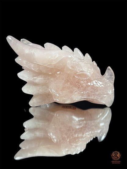 Profil droit de la tête de dragon en quartz rose, sculpture artisanale de collection révélant les écailles et la translucidité de la pierre