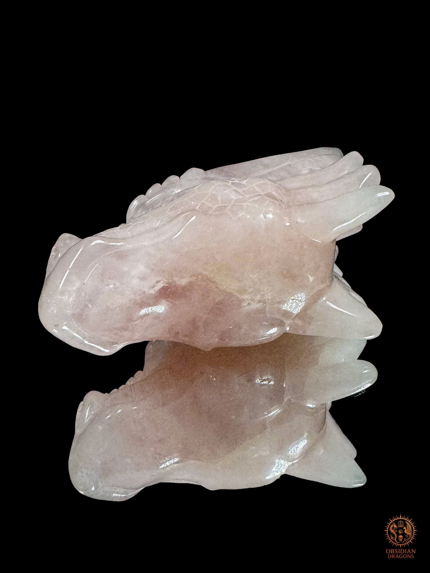 Vue latérale basse de la tête de dragon en quartz rose, mettant en valeur la mâchoire, le museau, les cornes et le volume de la sculpture
