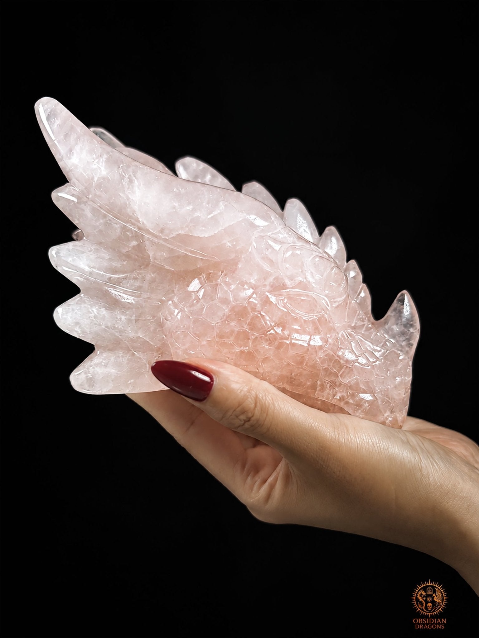 Tête de dragon en quartz rose naturel tenue dans une main pour montrer ses dimensions, sculpture exclusive Le Cœur invincible par Obsidian Dragons