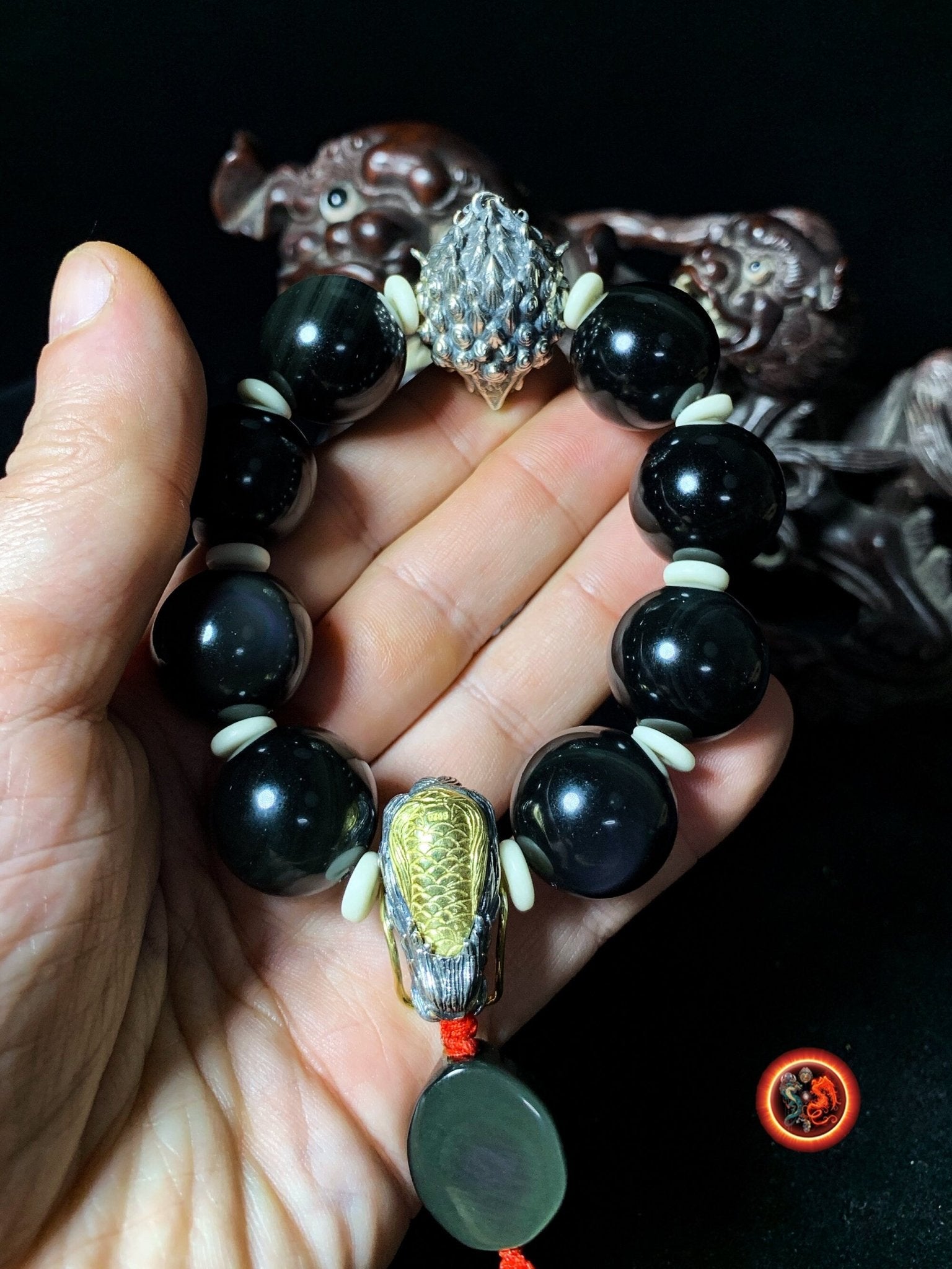 Bracelet Dragon en Obsidienne- Pixiu- Artisanal - Style Puissant