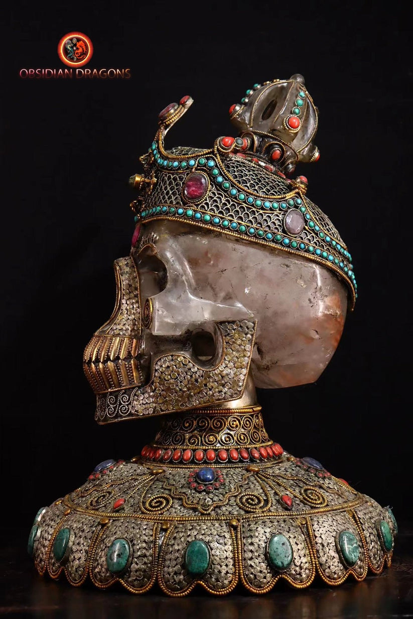 Sceptre Antique Tibétain En Bronze Doré – Art Tribal Bouddhiste, Crâne Tantrique – Pièce Originale 19ème Siècle