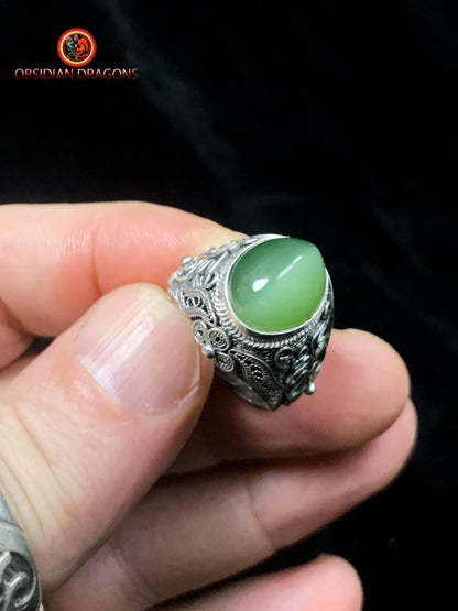 Bague en Jade à effet oeil de chat- Argent- Qing Dynastie | obsidian dragons