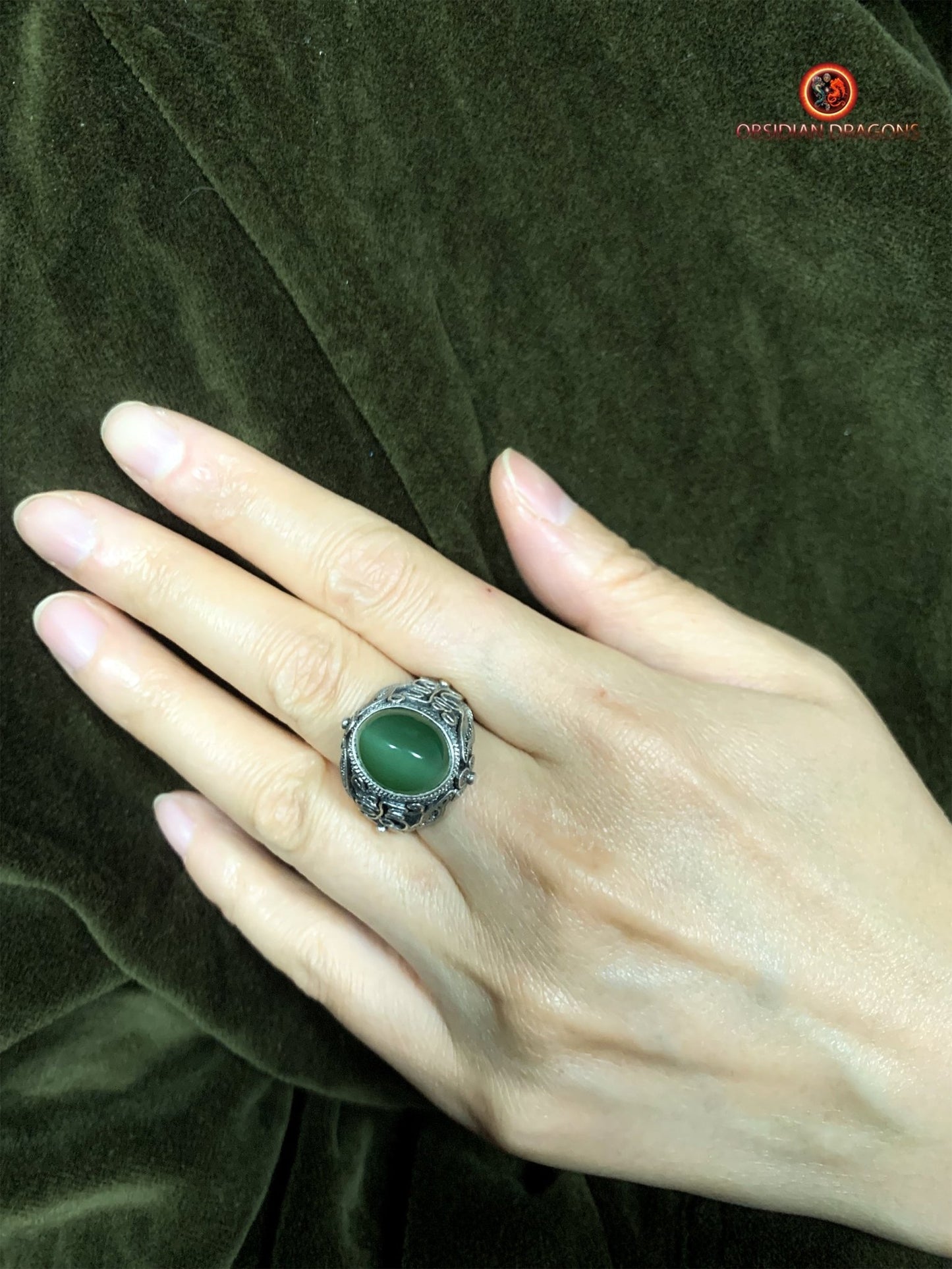 Bague en jade "oeil de chat"- Argent filigrané- Unique | obsidian dragons
