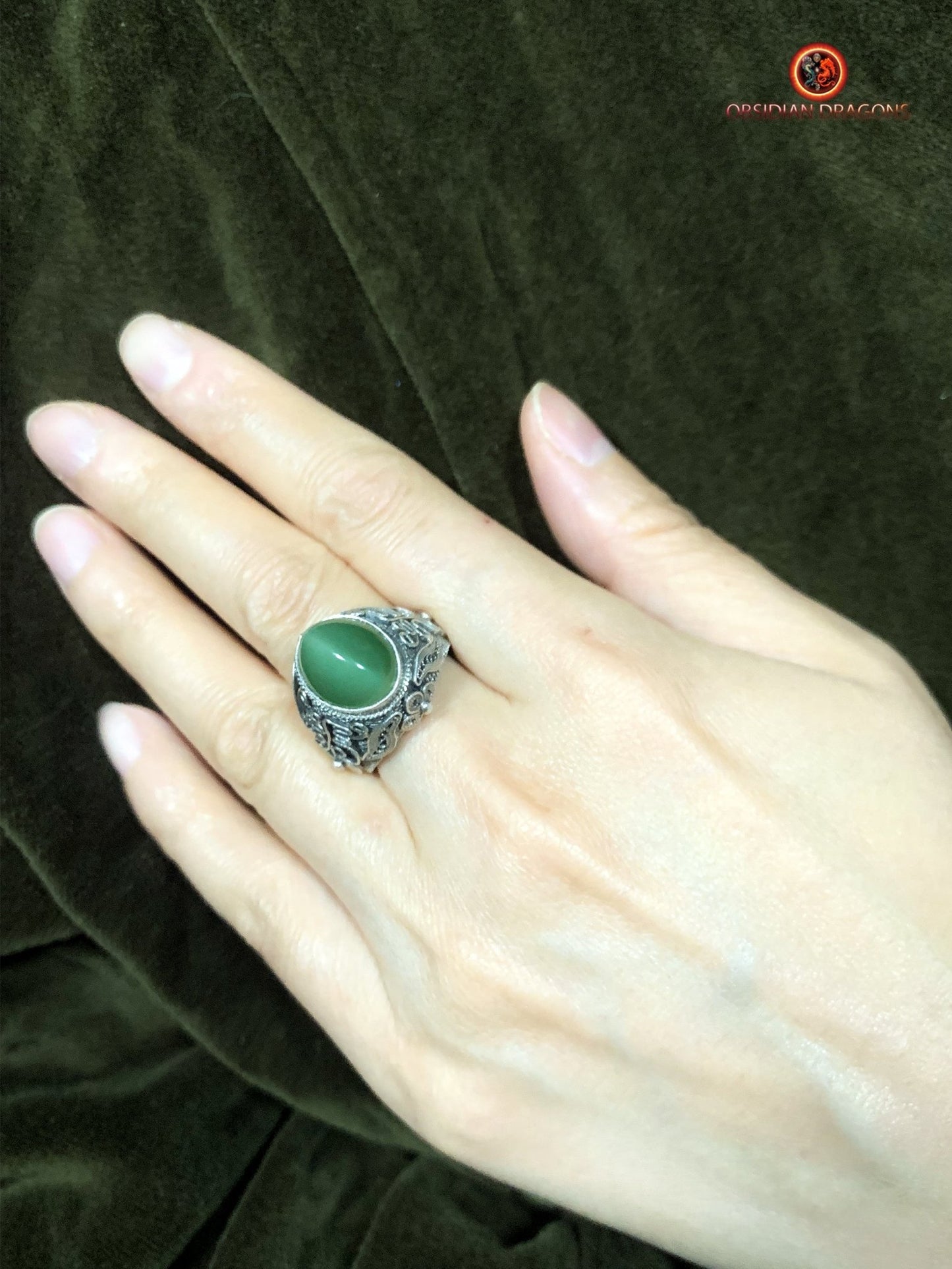 Bague en jade "oeil de chat"- Argent filigrané- Unique | obsidian dragons