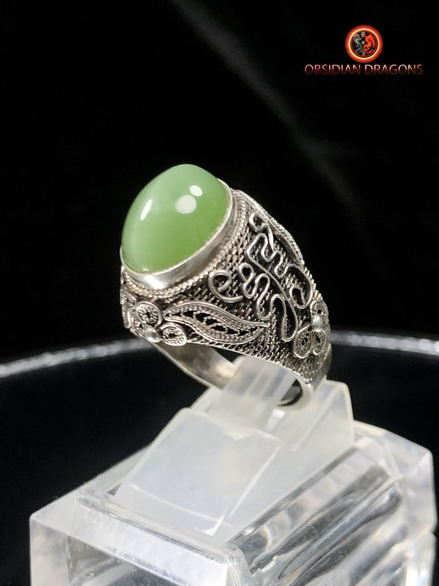 Bague en Jade à effet oeil de chat- Argent- Qing Dynastie | obsidian dragons